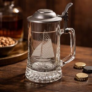 Vintage Old Spice Ship Columbia 1901 Glass Beer Stein w/ Pewter Lid 1980s